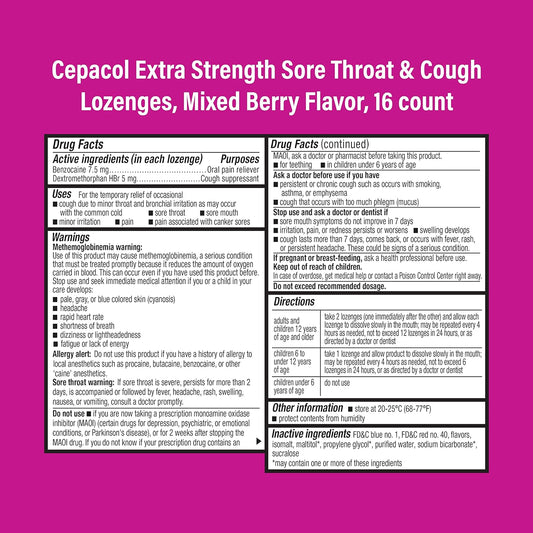Cepacol Maximum Strength Throat And Cough Drop Lozenges, Mixed Berry, 16 Count
