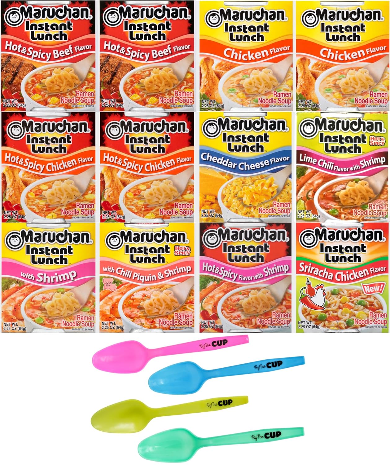 Maruchan Ramen Instant Lunch 9 Flavor Variety, 2.25 oz (Pack of 12) with Limited Edition By The Cup Spoons