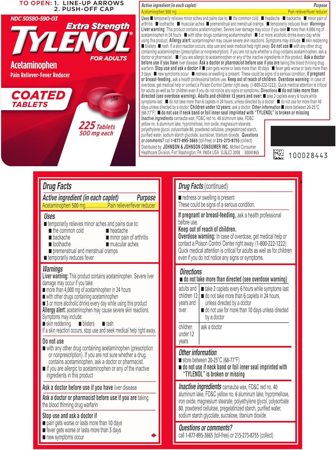 Tylenol Extra Strength Pain Reliever & Fever Reducer, Round Coated Tablets, 500 Mg Acetaminophen Pain Relief Pills For Headache, Toothache & Minor Arthritis Pain, 225 Ct : Health & Household
