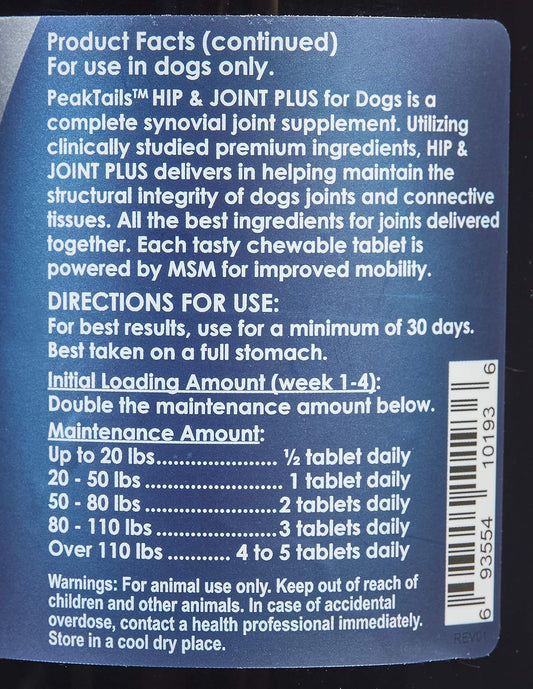Kala Health Peaktails Hip & Joint Plus For Dogs – 90 Tablets, Glucosamine, Chondroitin, Optimsm & Ester-C – Supports Joint Mobility & Comfort