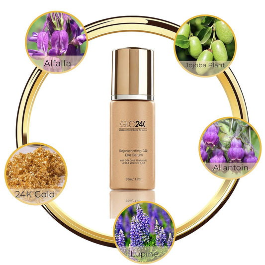 Glo24K Eye Serum With 24K Gold, Hyaluronic Acid, And Vitamins A,C,E. Potent Formula For The Delicate Skin Around The Eyes
