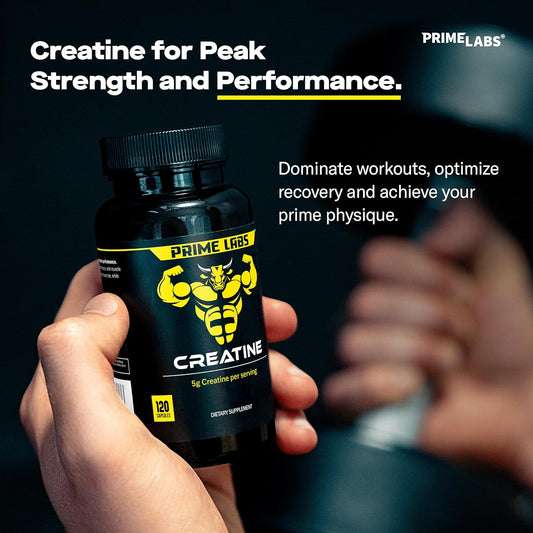 Prime Labs Creatine Capsules - Creatine Monohydrate Pills For Men & Women - 5G (5000Mg) Pure Creatine Per Serving - Muscle Growth, Muscle Recovery, Brain Function - Workout Supplement - 120 Count