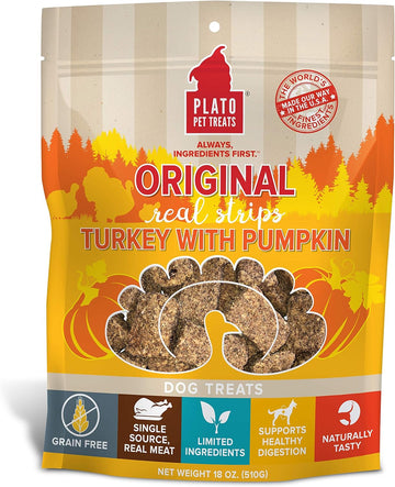 PLATO Turkey Real Strips Natural Dog Treats - Real Meat - Air Dried - Made in the USA - Turkey & Pumpkin, 18 ounces
