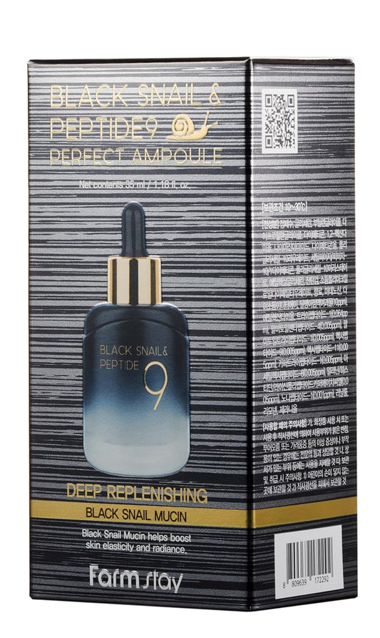 Farmstay Black Snail & Peptide9 Perfect Ampoule- Deep Hydration & Skin Resilience, Lightweight & Non-Sticky Formula, For All Skin Types, 1.18 Fl.Oz