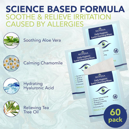 Noveha Daily Hygienic Eyelid & Lash Wipes | 120 Individually Wrapped Cleansing Eyelash Wipes - For Blepharitis & Itchy Eyes, Demodex And Natural Makeup Remover & Daily Cleanser