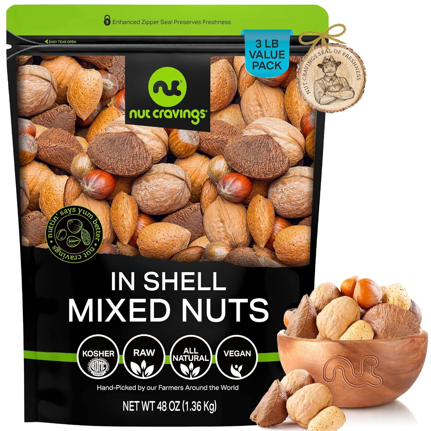 Nut Cravings - Mixed Nuts (In Shell) Brazil, Walnuts, Filberts, Almonds, Pecans (48oz - 3 LB) Packed Fresh in Resealable Bag - Healthy Snack, Protein Food, All Natural, Keto Friendly, Vegan, Kosher