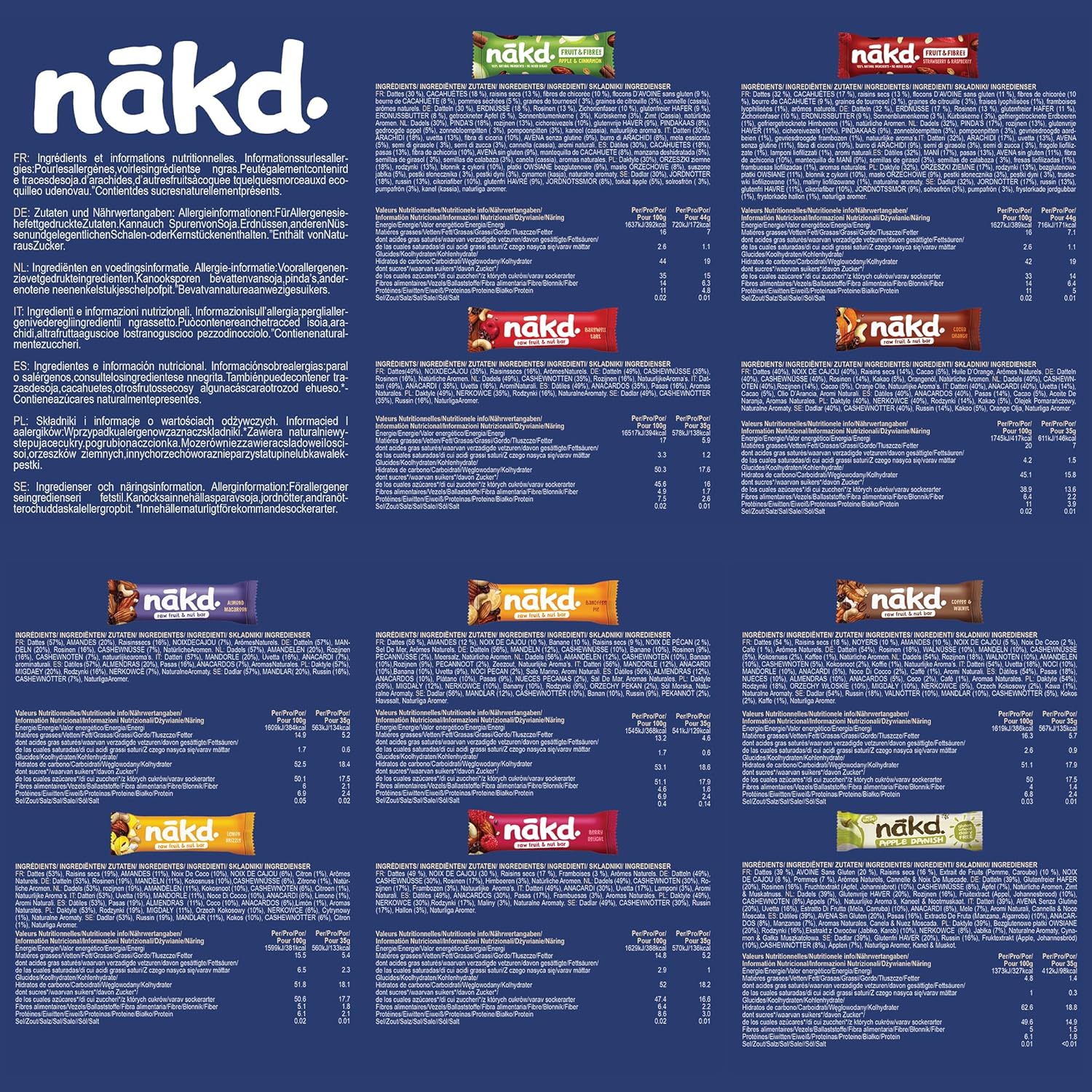 Nakd Bars Multipack 48 - Nakd Fruit And Nut Bars 48 x 35g. Breakfast, Snack Bars. Vegan, Dairy Free, Wheat Free, Gluten Free. : Amazon.co.uk: Grocery