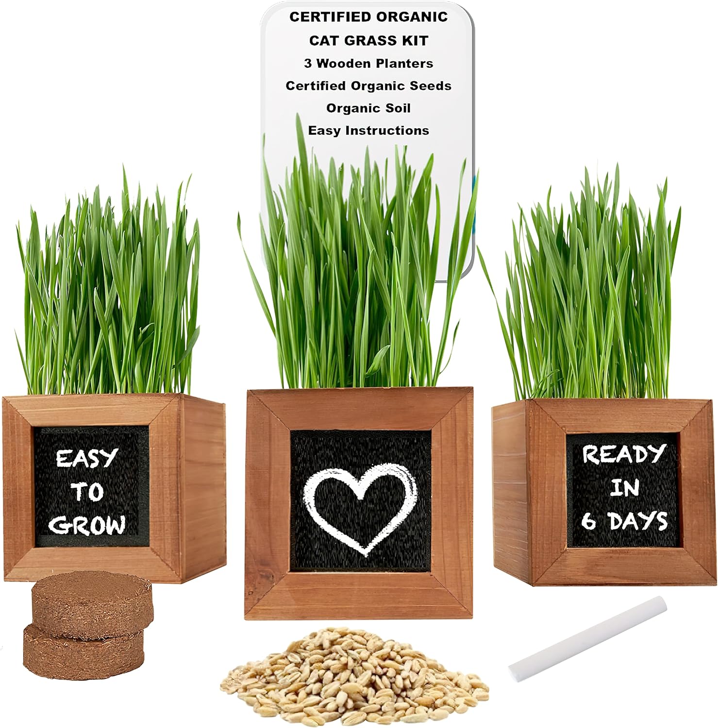 Organic Indoor Cat Grass Kit - 3 Wooden Planters, Certified Seeds, And Premium Soil For Happy Cats. Delight Your Feline Friends With The Ultimate Cat Grass Experience! Ideal Gift For Cat Lovers