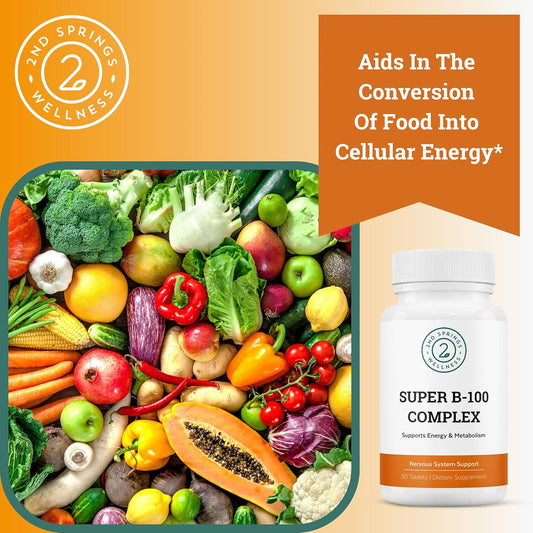 Super B-100 Complex - High Potency B Vitamin Complex With B-6, B-12, Folate, Niacin, Biotin, Choline, Inositol And Paba For Energy, Metabolism, Brain And Nerve Support