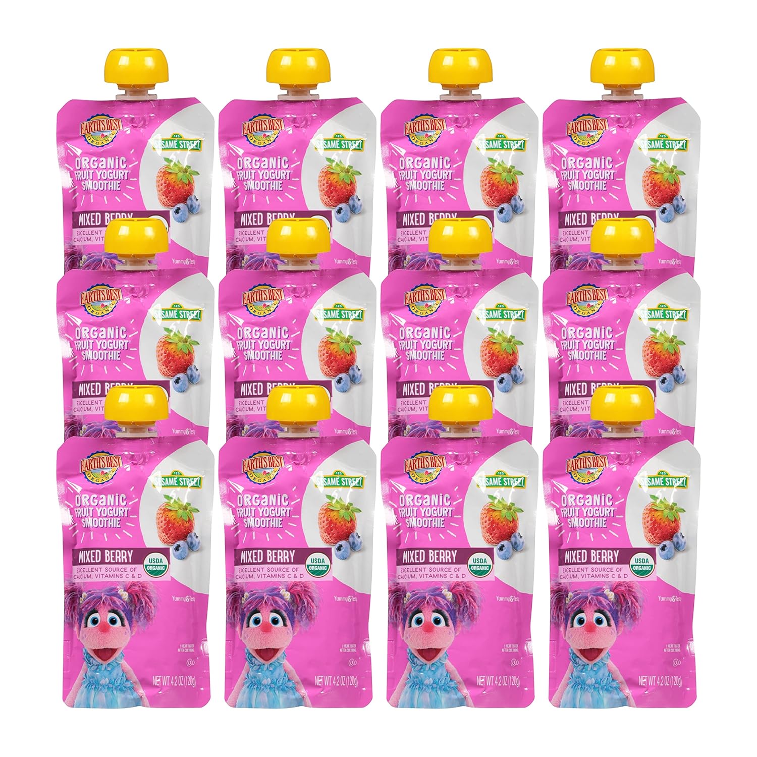 Earth'S Best Organic Kids Snacks, Sesame Street Toddler Snacks, Organic Fruit Yogurt Smoothie For Toddlers 2 Years And Older, Mixed Berry, 4.2 Oz Resealable Pouch (Pack Of 12)
