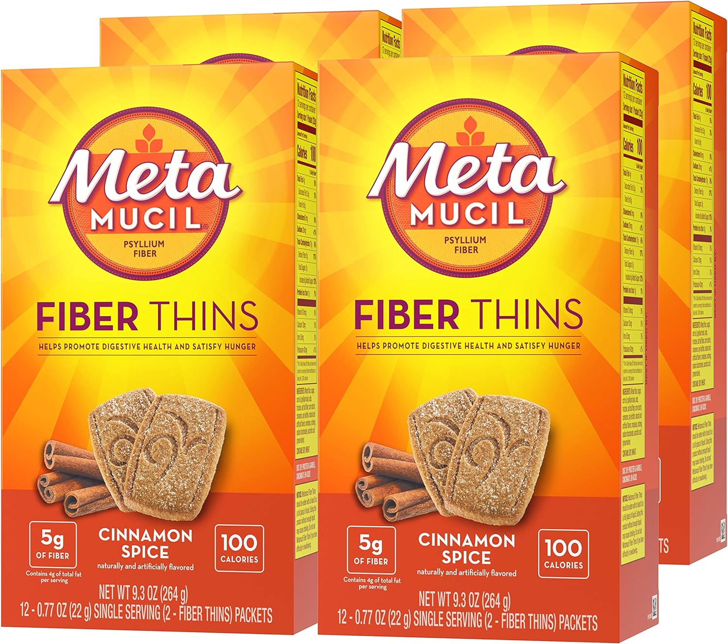 Metamucil Fiber Thins, Daily Psyllium Husk Fiber Supplement, Supports Digestive Health and Satisfies Hunger, Cinnamon Spice Flavor, 4 Packs x 12 Servings (48 Total Servings)