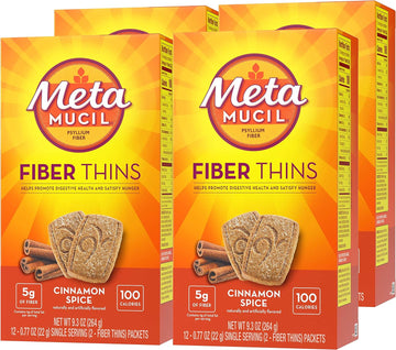 Metamucil Fiber Thins, Daily Psyllium Husk Fiber Supplement, Supports Digestive Health and Satisfies Hunger, Cinnamon Spice Flavor, 4 Packs x 12 Servings (48 Total Servings)