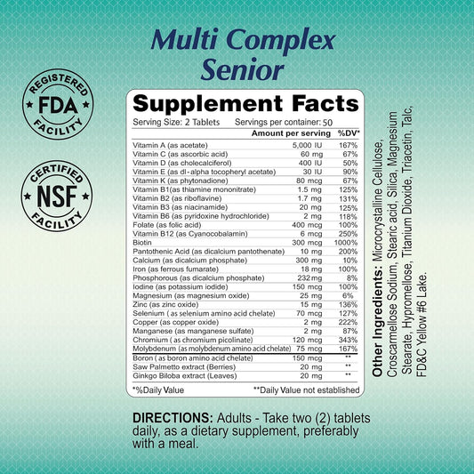 Multi Complex Senior - Nutritional Vitamins & Minerals For People Over 50 - Supports Cellular Energy Production And Every Day Health- 100 Tablets