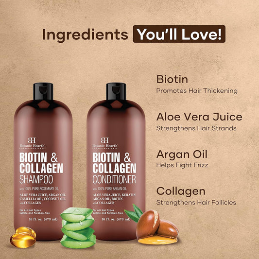 Botanic Hearth Vegan Collagen Biotin Shampoo And Conditioner Set - With Rosemary Oil For Hair Loss And Thinning Hair - Fights Hair Loss, Sulfate Free, For Men And Women, 16 Fl Oz Each