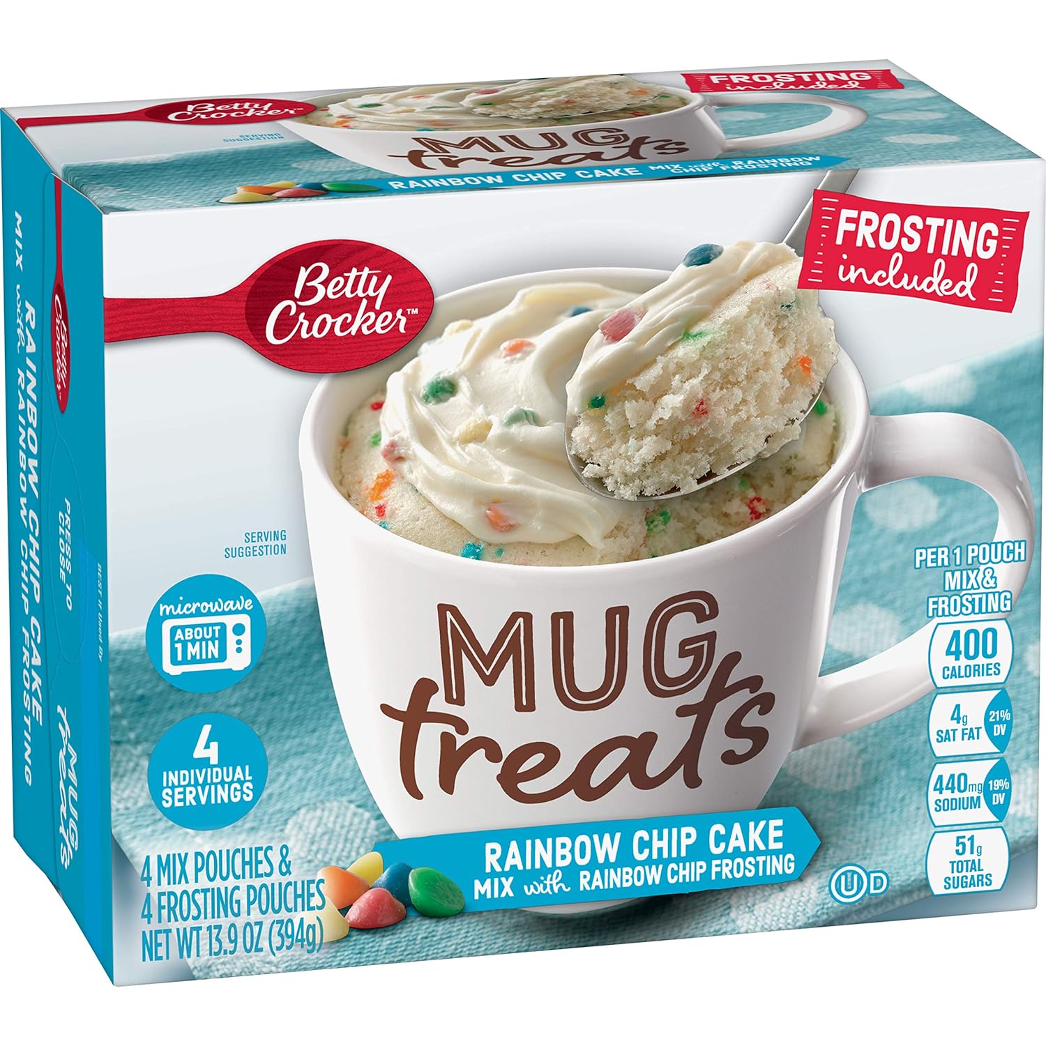 Betty Crocker Mug Treats Rainbow Chip Cake Mix with Frosting, 4 Servings, 13.9 oz