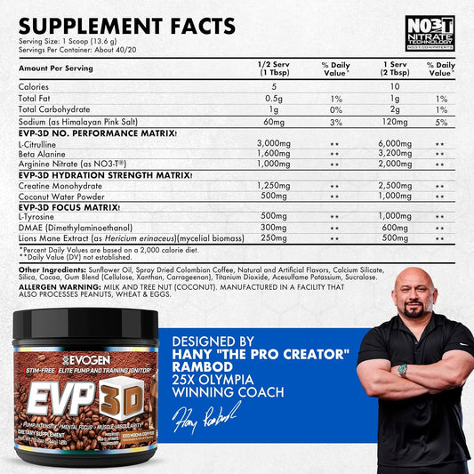 Evogen Evp 3D - Stim Free Pre Workout Powder For Men & Women | Sugar Free Non Stim Preworkout With Beta Alanine And Creatine For Energy & Pump | Iced Mocha Coffee | 40 Servings
