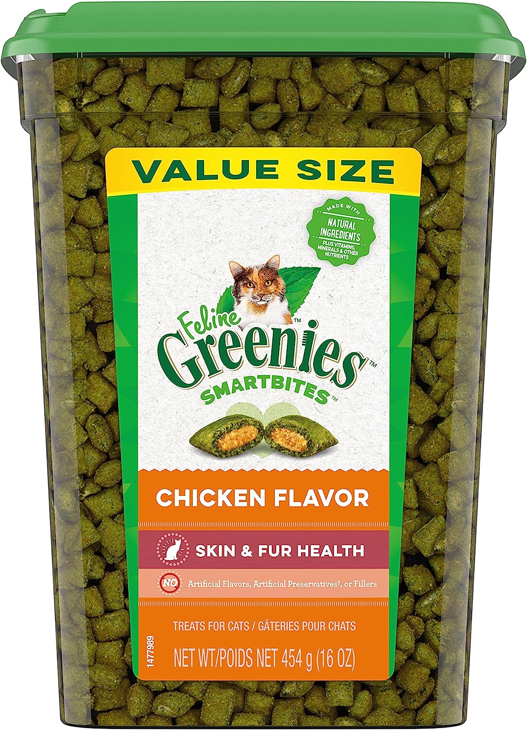 Greenies Feline Smartbites Skin & Fur Crunchy and Soft Textured Adult Natural Cat Treats, Chicken Flavor, 16 oz. Tub (Package may vary)