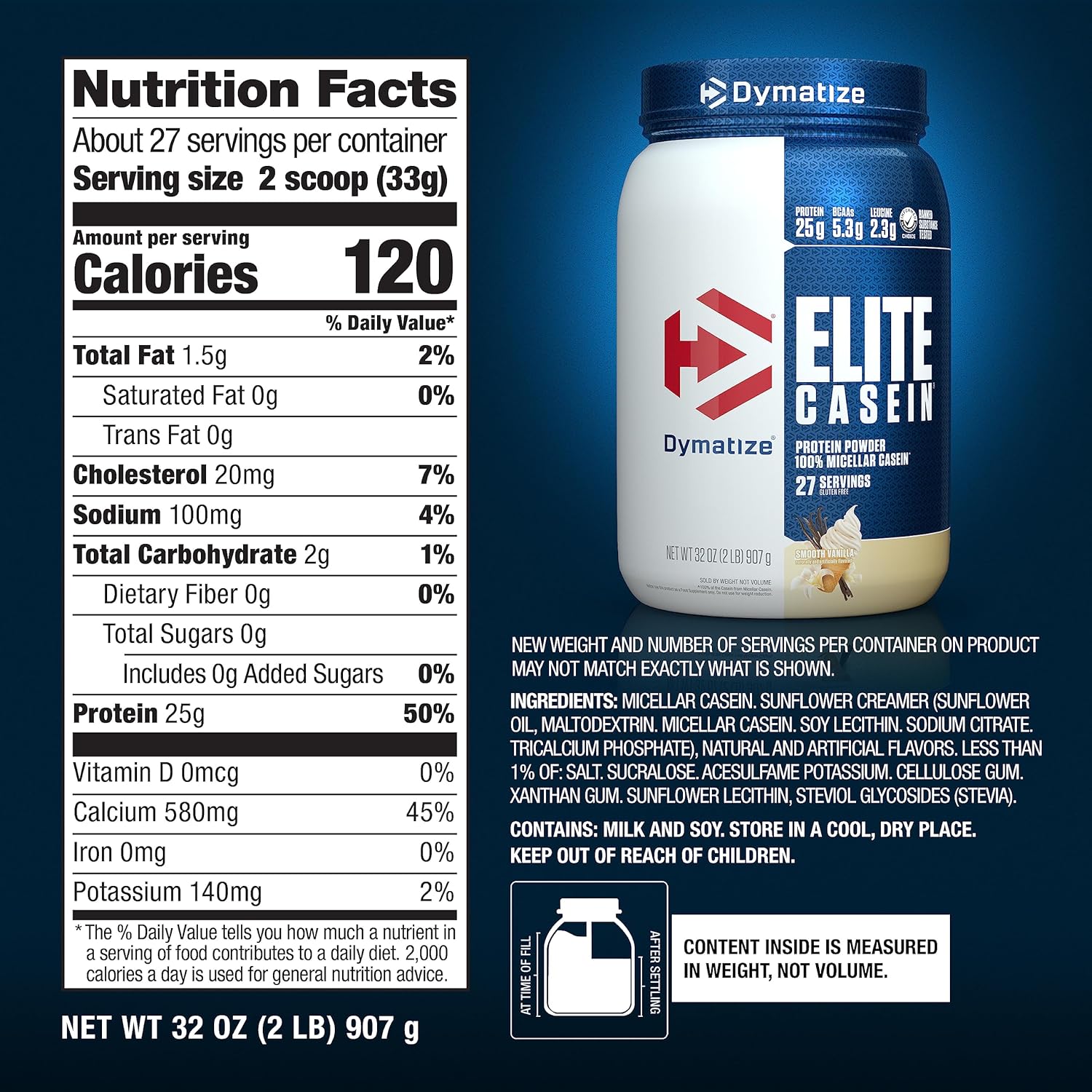 Dymatize Elite Casein Protein Powder, Slow Absorbing with Muscle Building Amino Acids, 100% Micellar Casein, 25g Protein, 5.4g BCAAs & 2.3g Leucine, Helps Overnight Recovery, Smooth Vanilla, 2 Pound : Health & Household