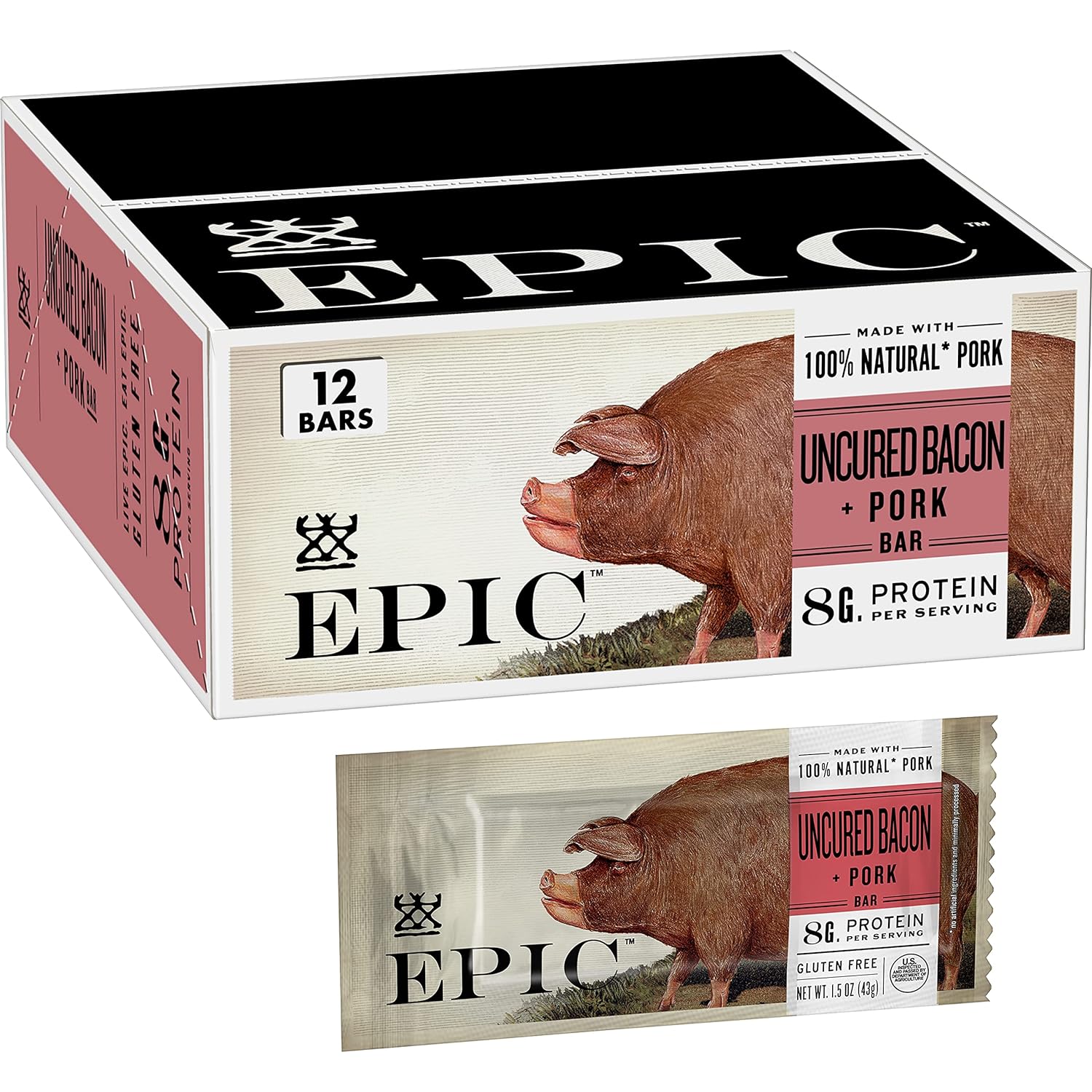 Epic Uncured Bacon Protein Bars, Paleo Friendly, 12 Ct, 1.5 Oz Bars