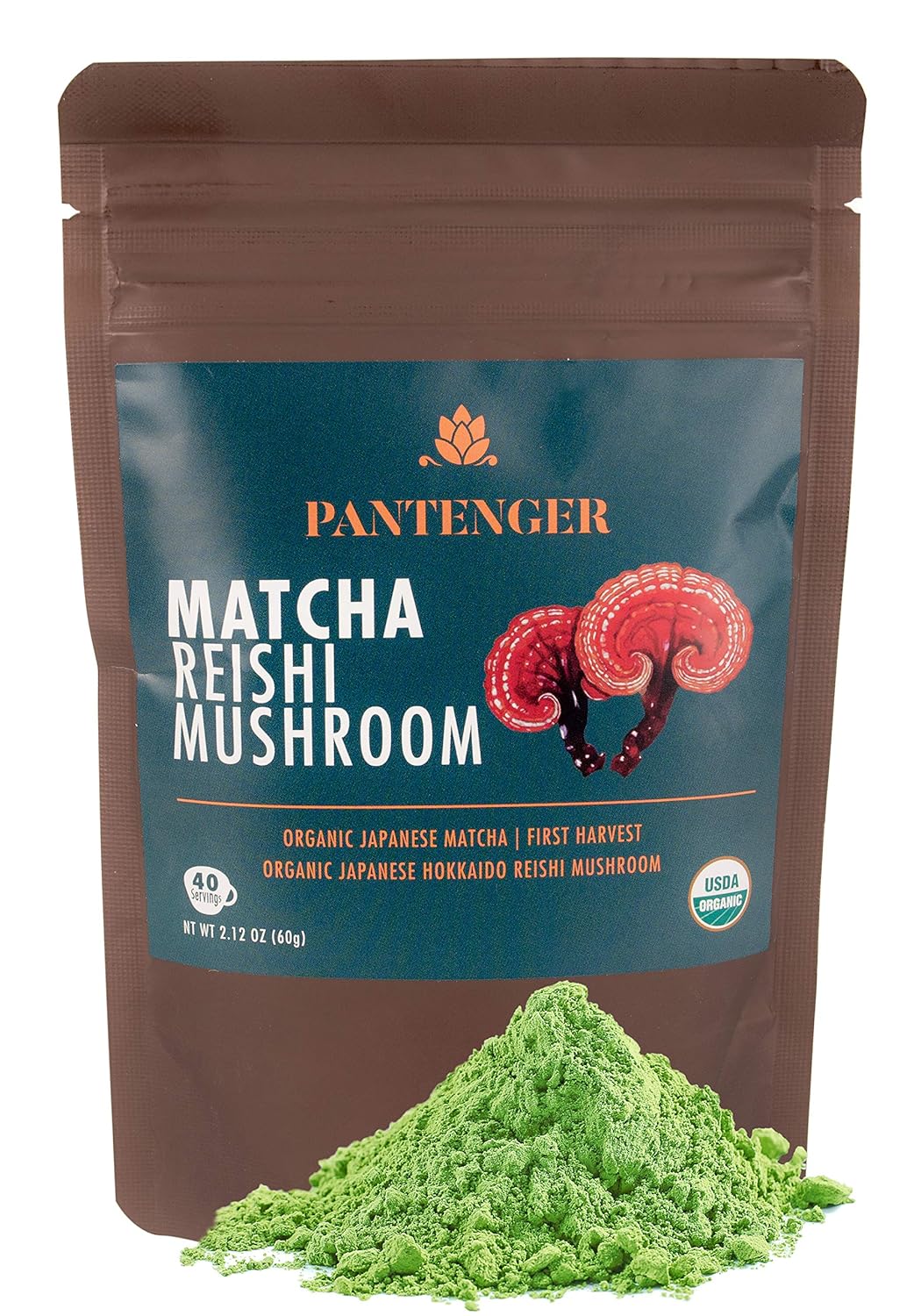 Pantenger Matcha Green Tea Powder And Reishi Mushroom. 2.12 Oz (60 Grams). Usda Organic. Japanese Reishi Mushroom With Japanese Matcha Tea