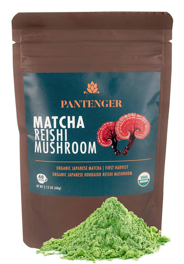Pantenger Matcha Green Tea Powder And Reishi Mushroom. 2.12 Oz (60 Grams). Usda Organic. Japanese Reishi Mushroom With Japanese Matcha Tea