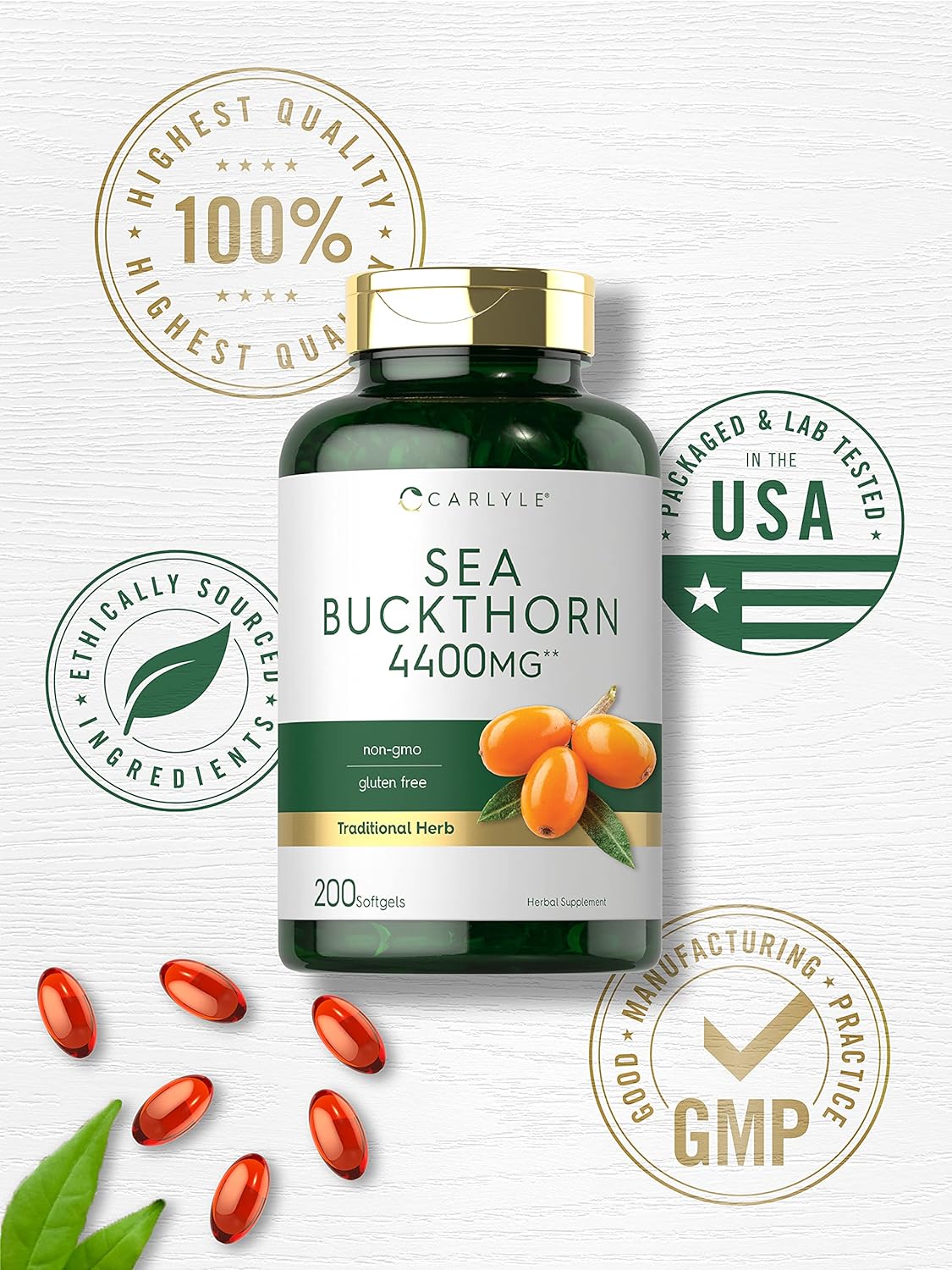 Carlyle Sea Buckthorn Oil Capsules 4400mg | 200 Softgels | Non-GMO, Gluten Free | Sea Buckthorn Berry Oil Supplement : Health & Household