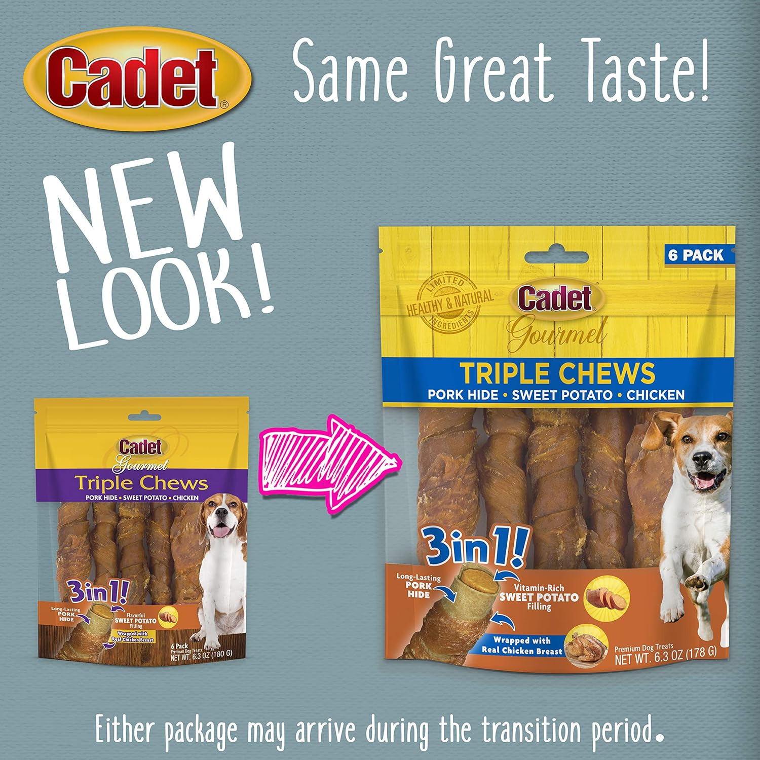 Cadet Gourmet Triple Chews Pork Hide, Sweet Potato, & Chicken Dog Treats - Healthy Dog Treats for Small & Large Dogs - Inspected & Tested in USA (6 Count)