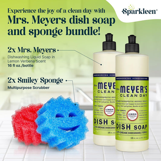 Mrs. Meyers Liquid Dish Soap and Smiley Sponge Bundle, 2 Bottles Lemon Verbena Scent Dishwashing Liquid 16 fl.oz. plus 2 pcs Sponge, Cleaning Supplies for Dishes, Pots and Pans