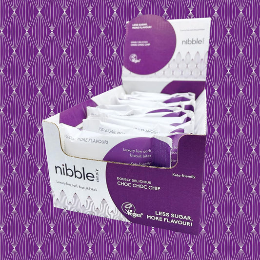 Nibble Simply Doubly Delicious Choc Choc Chip - Low Carb, Lower Sugar, Keto-Friendly, Vegan (12 X 36G Packs)