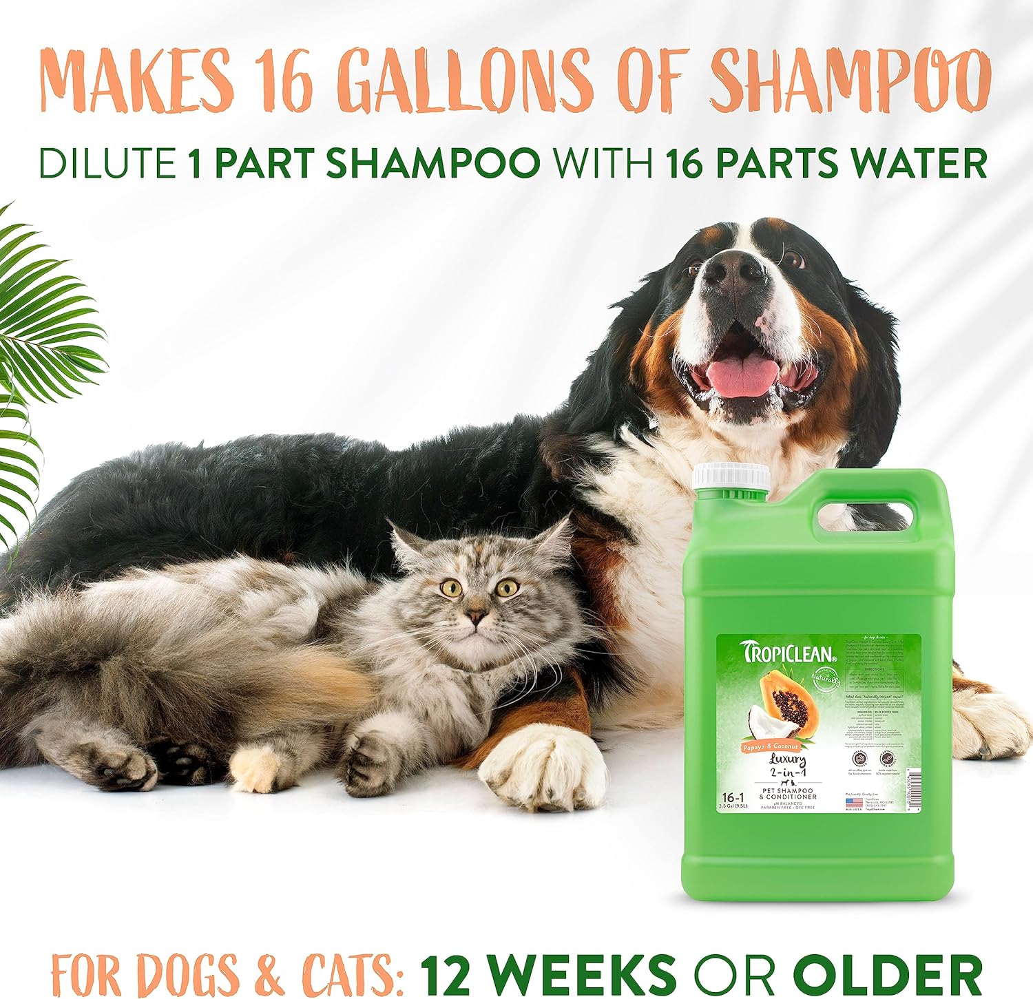 TropiClean 2-in-1 Papaya & Coconut Dog Shampoo and Conditioner | Natural Pet Shampoo Derived from Natural Ingredients | Cat Friendly | Made in the USA | 2.5 gallon
