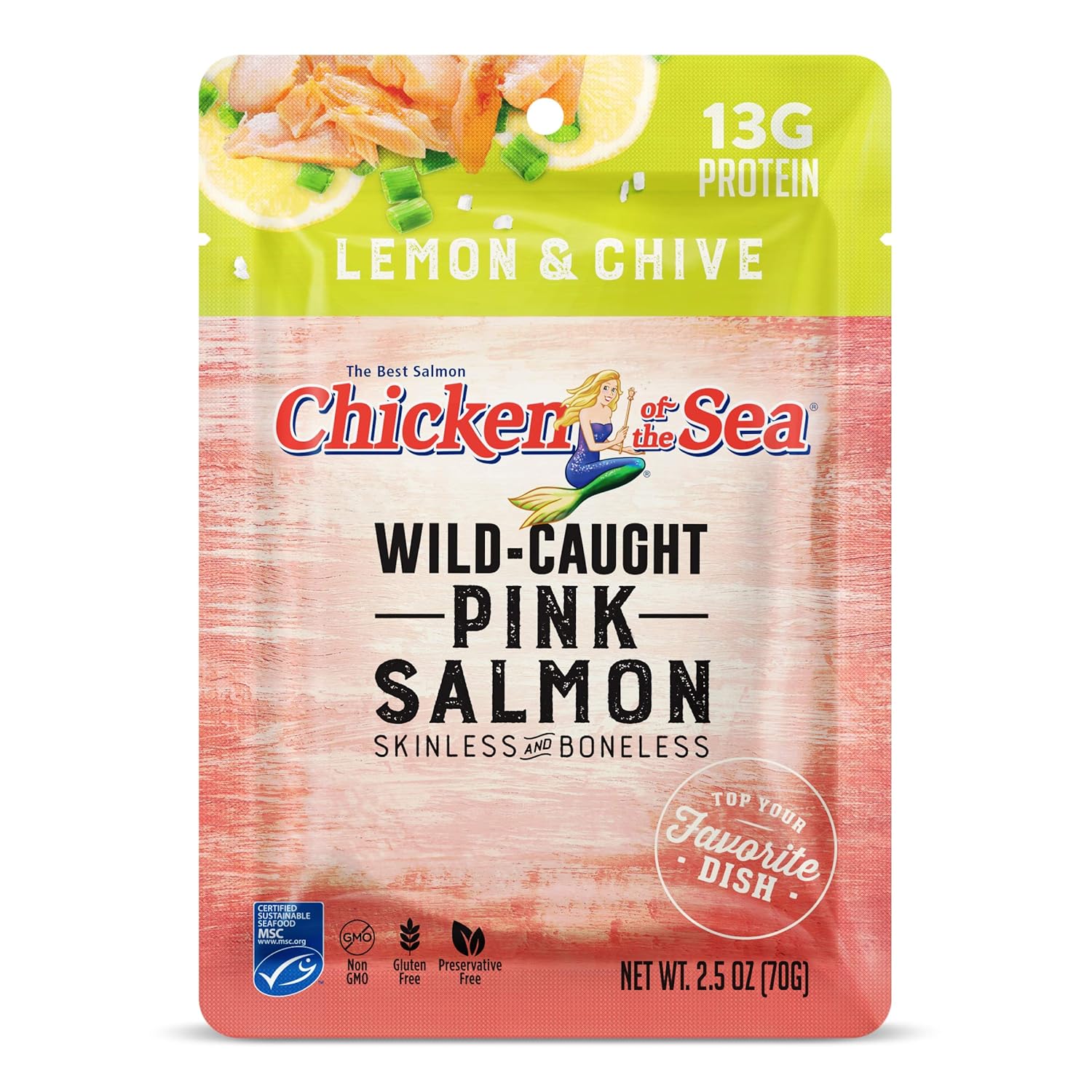 Chicken of the Sea Pink Salmon with Lemon & Chive, Wild-Caught, Skinless & Boneless, 2.5-Ounce Packets (Pack of 12)