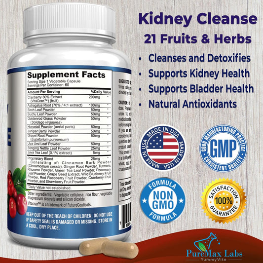 Herbal Kidney Cleanse With Cranberry Extract, Astralagus - 21 Fruits & Herbs - Detox & Cleanse Urinary Tract & Bladder Health, Kidney Support, 60 Vegan Capsules