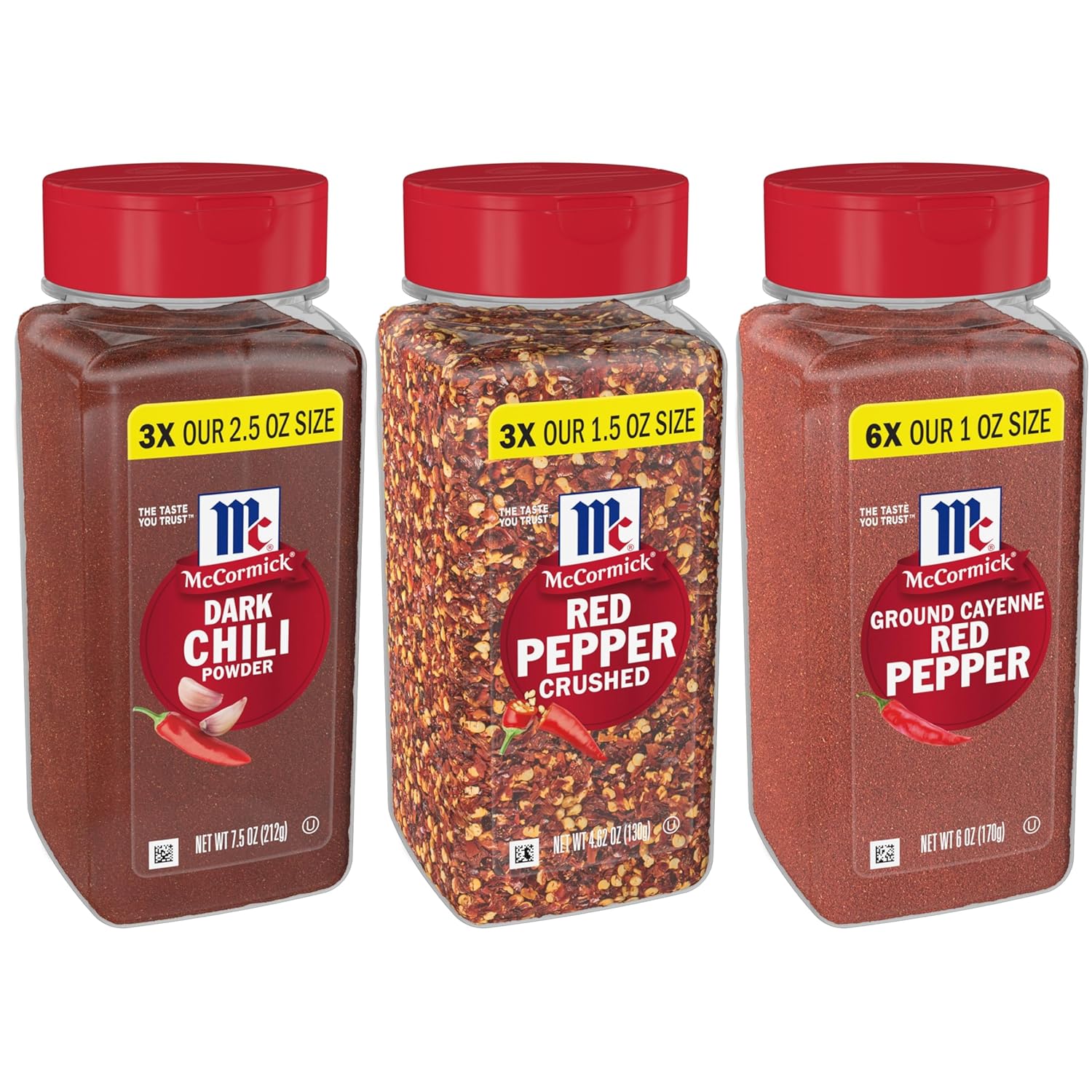 Mccormick Hot & Spicy Variety Pack, Dark Chili Powder, Crushed Red Pepper, And Ground Cayenne Red Pepper, 18.12 Oz