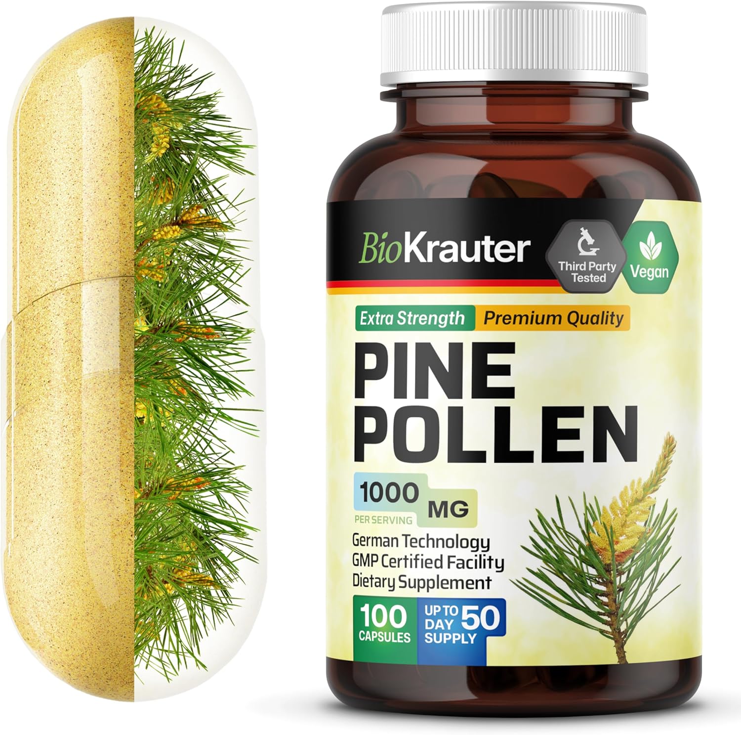Bio Krauter Pine Pollen Powder Capsules 1000 Mg - 100 Pine Pollen Capsules For Men And Women Support - Herbal Supplement For Immune Support