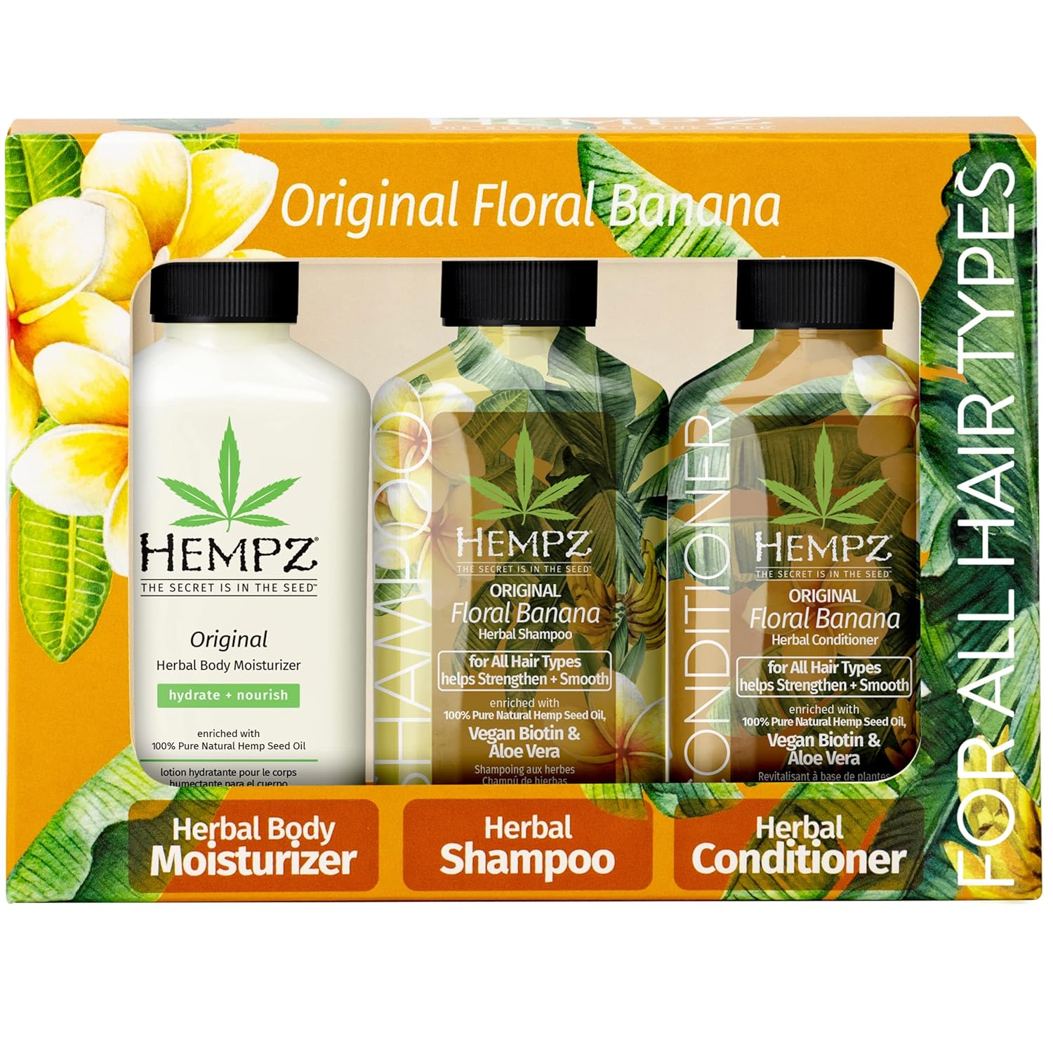 Hempz Original Shampoo, Conditioner, And Body Lotion Trio Set - Floral & Banana - Hair & Skin Care Product Pack, Hemp Seed Oil - 2.25 Fl Oz, 3-Pack Bundle