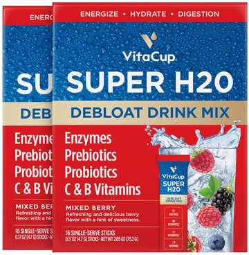 Vitacup Super H2O Bloating Relief And Digestive Health Drink Mix Packets, Probiotics, Prebiotics, C & B Vitamins, Mixed Berry Flavor Water Enhancer Packets, 32 Ct