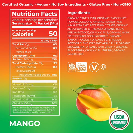 Orgain Organic Hydration Packets, Electrolytes Powder - Mango Hydro Boost With Superfoods, Vegan, Gluten-Free, No Soy Ingredients, Non-Gmo, Less Sugar Than Sports Drinks, 8 Count