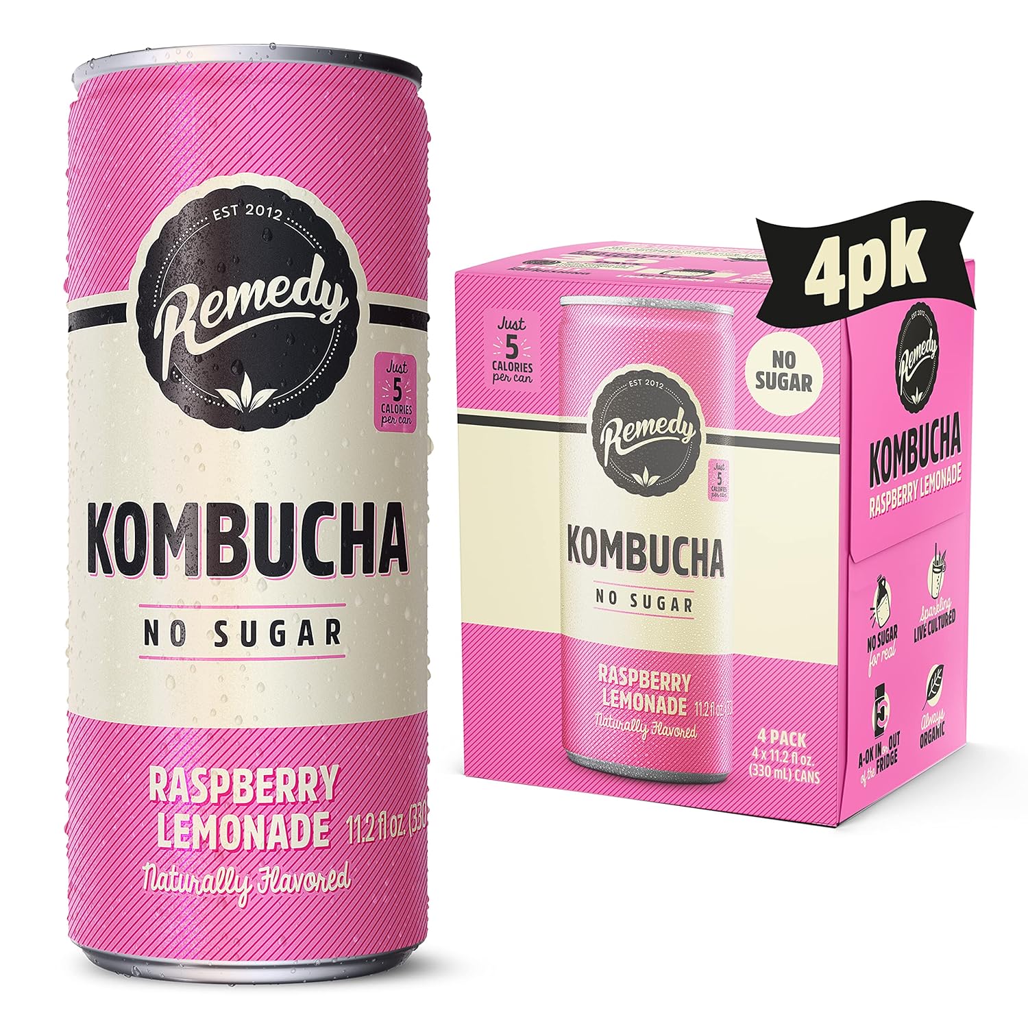 Remedy Kombucha Sugar Free Organic Drink, Low Calorie, Probiotic Like Tea For Gut Health - Raspberry Lemonade - 11.2 Fl Oz Can, 4-Pack
