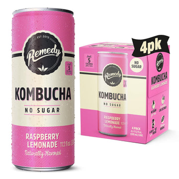Remedy Kombucha Sugar Free Organic Drink, Low Calorie, Probiotic Like Tea For Gut Health - Raspberry Lemonade - 11.2 Fl Oz Can, 4-Pack