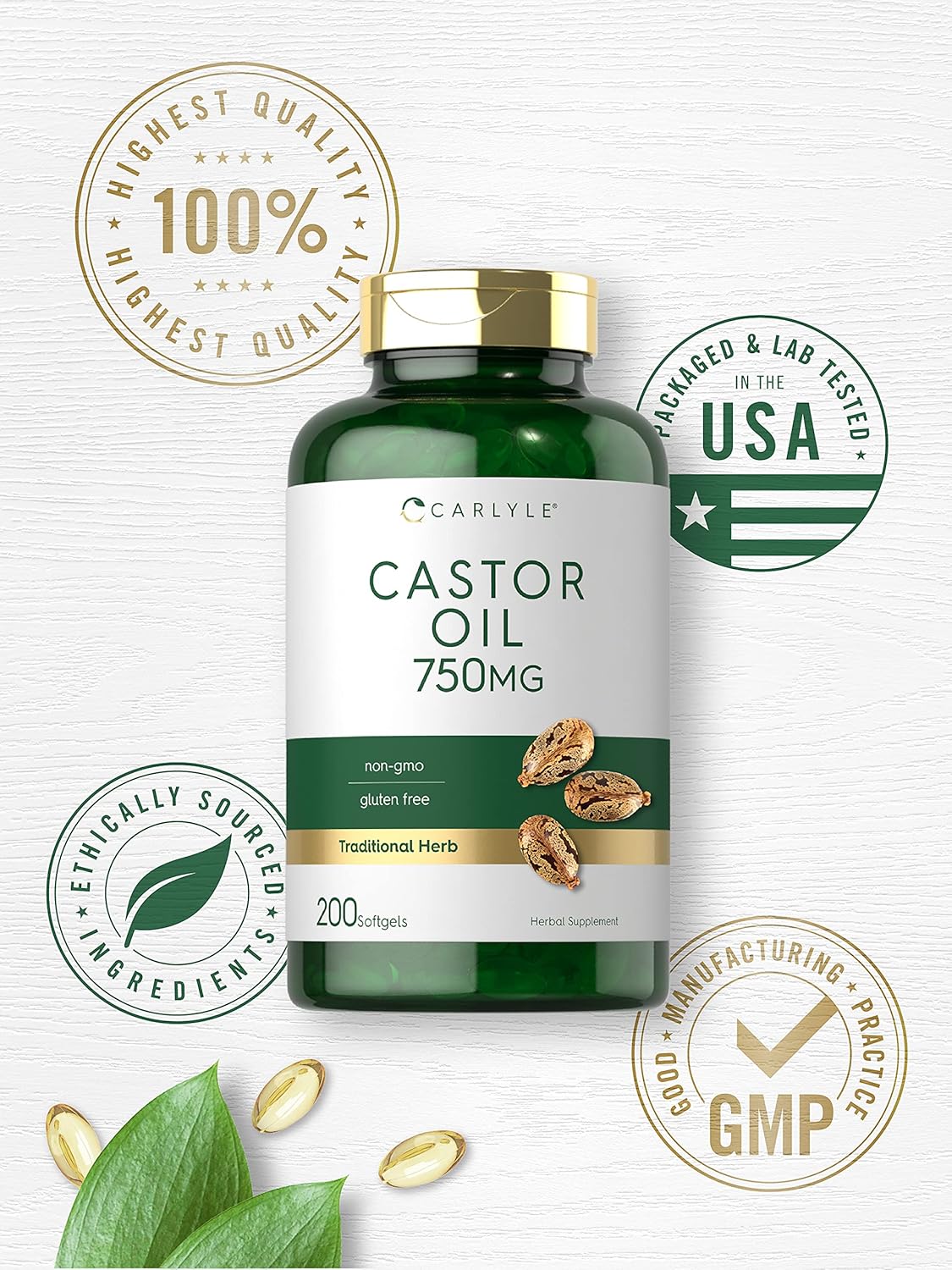 Carlyle Castor Oil 750mg | 200 Softgels | Traditional Herb | Non-GMO, Gluten Free Supplement : Health & Household