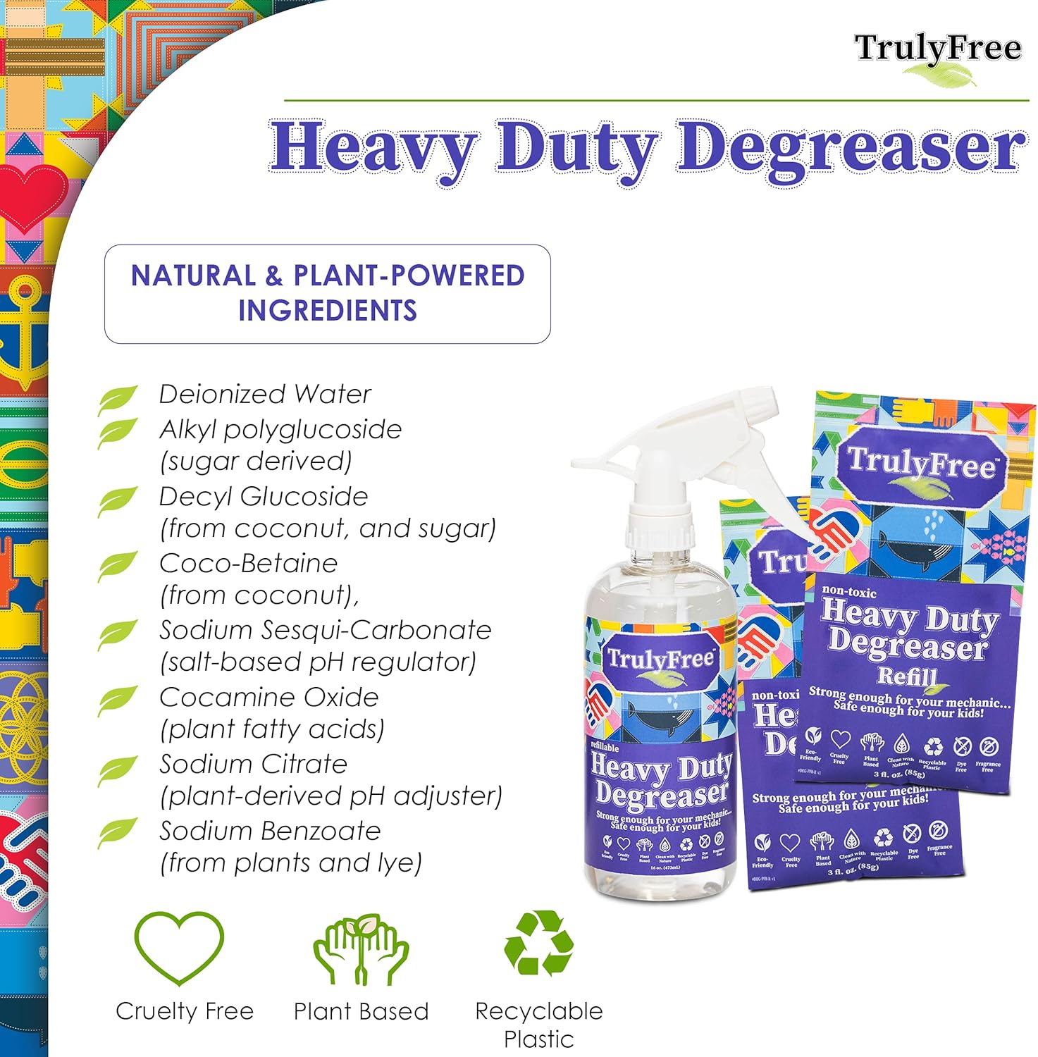 Truly Free Heavy Duty Degreaser- Grease Remover & Grime Cleaner For Kitchen, Automotive & More, Household Cleaning Supplies, Fragrance-Free, Includes 16 Oz Reusable Empty Bottle & 2 Refills (4 Oz)