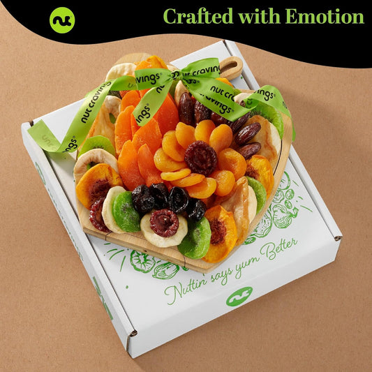 Nut Cravings Gourmet Collection - Dried Fruit Wooden Apple-Shaped Gift Basket + Tray (9 Assortment) Teacher Appreciation Flower Arrangement Platter With Green Ribbon - Healthy Kosher