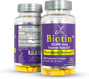 Biotin Hair Skin And Nails Vitamins, Vitamin C, Biotin And Collagen Supplements That Make Hair Grow Faster And Longer, For All Ages, 60 Capsules Of Biotin 20000Mcg Maximum Strength