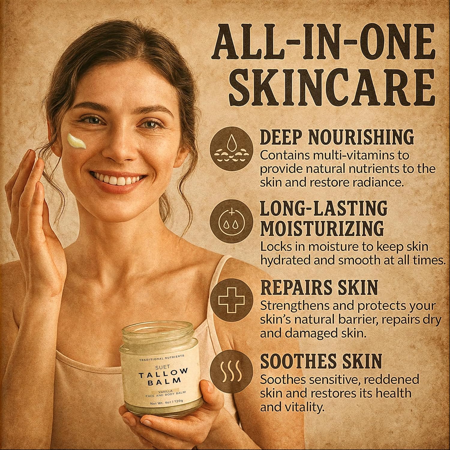 Traditional Nutrients Suet Beef Tallow + Raw Honey Balm For Skin With Vanilla Essential Oil, Natural Grass Fed Tallow Moisturizer For Face And Body (4 Ounce) : Beauty & Personal Care