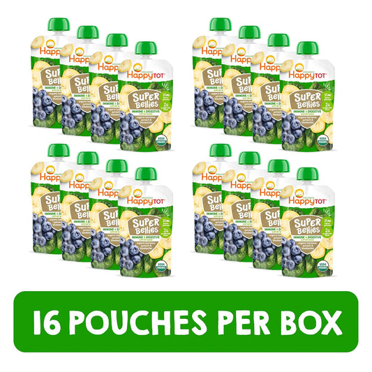 Happy Tot Organics Stage 4 Baby Food Pouches, Gluten Free, Vegan Snack, Super Bellies, Fruit & Veggie Puree, Banana, Spinach & Blueberries 4 Ounce (Pack Of 16)