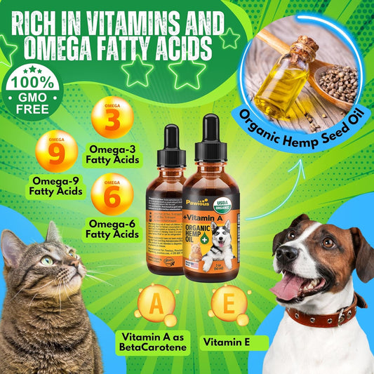 Hemp Oil for Dogs and Cats - USDA Organic, Large 2oz Bottle, Made in USA - Omega 3, 6 and 9, Vitamins A and E - Hip and Joint Support - Anxiety, Arthritis and Seizures Relief, Calming Aid