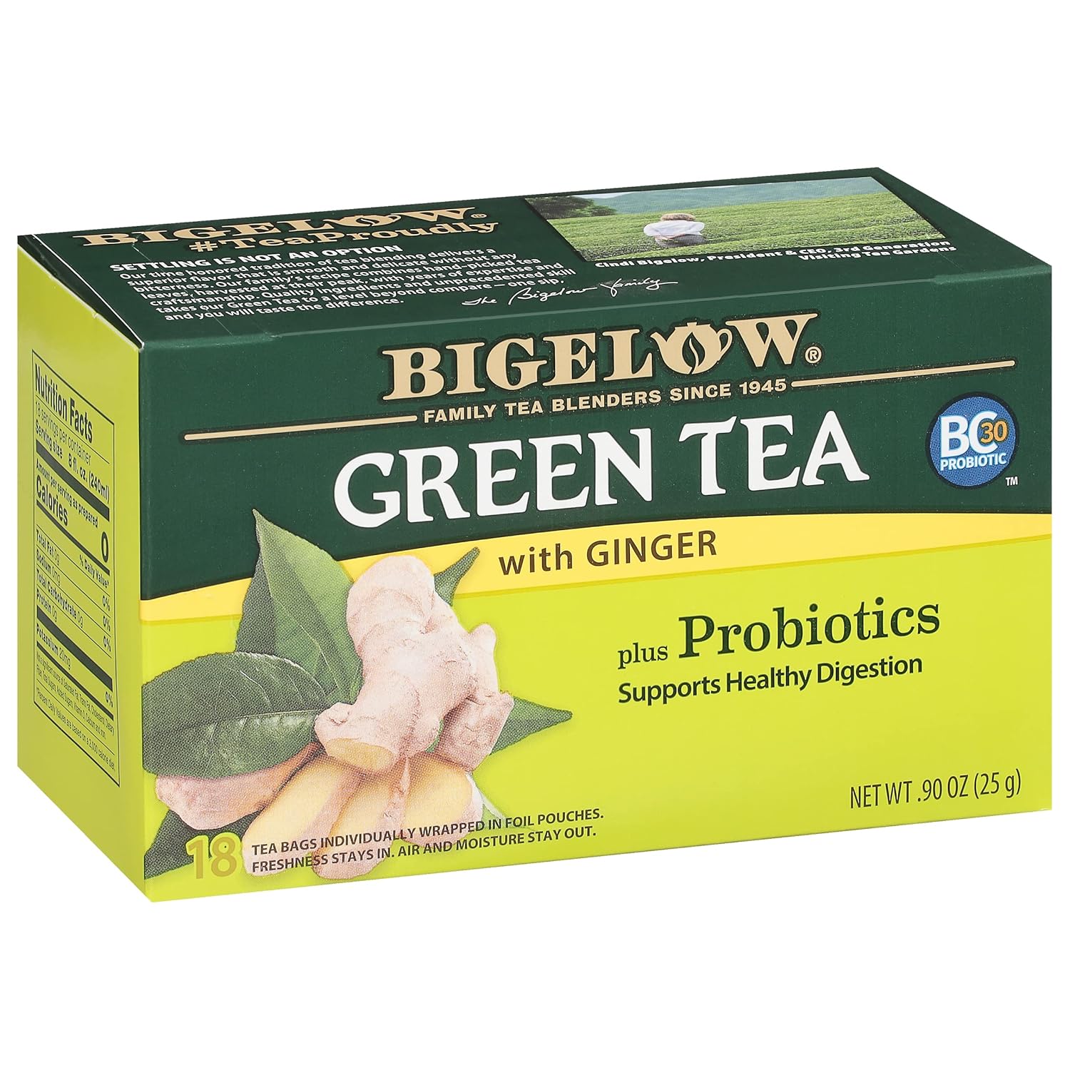 Bigelow Tea Green Tea With Ginger Plus Probiotics, Caffeinated Tea With Ginger, 18 Count Box, (Pack Of 6), 108 Total Tea Bags