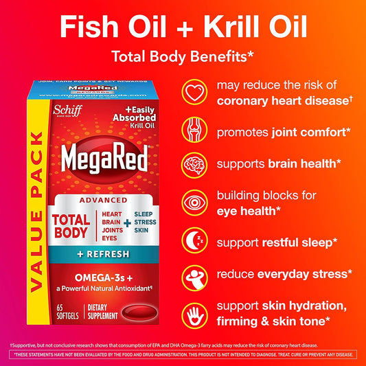 Megared Omega-3 Blend Total Body + Refresh 500mg Softgels, (65 Count in a Bottle), Easily Absorbed Krill Oil, to Support Your Heart, Joints, Brain & Eyes