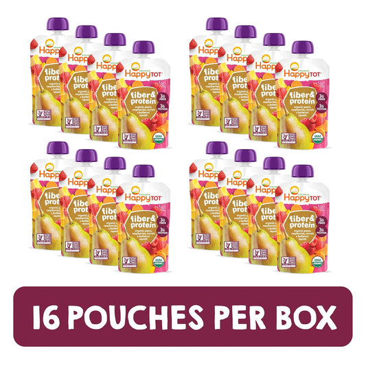 Happy Tot Organics Fiber & Protein Pouch Stage 4 Pears Raspberries Butternut Squash & Carrots, 4 Ounce Pouch (Pack Of 16) (Packaging May Vary) Mess Free Self Feeding Organic W/ Added Protein & Fiber