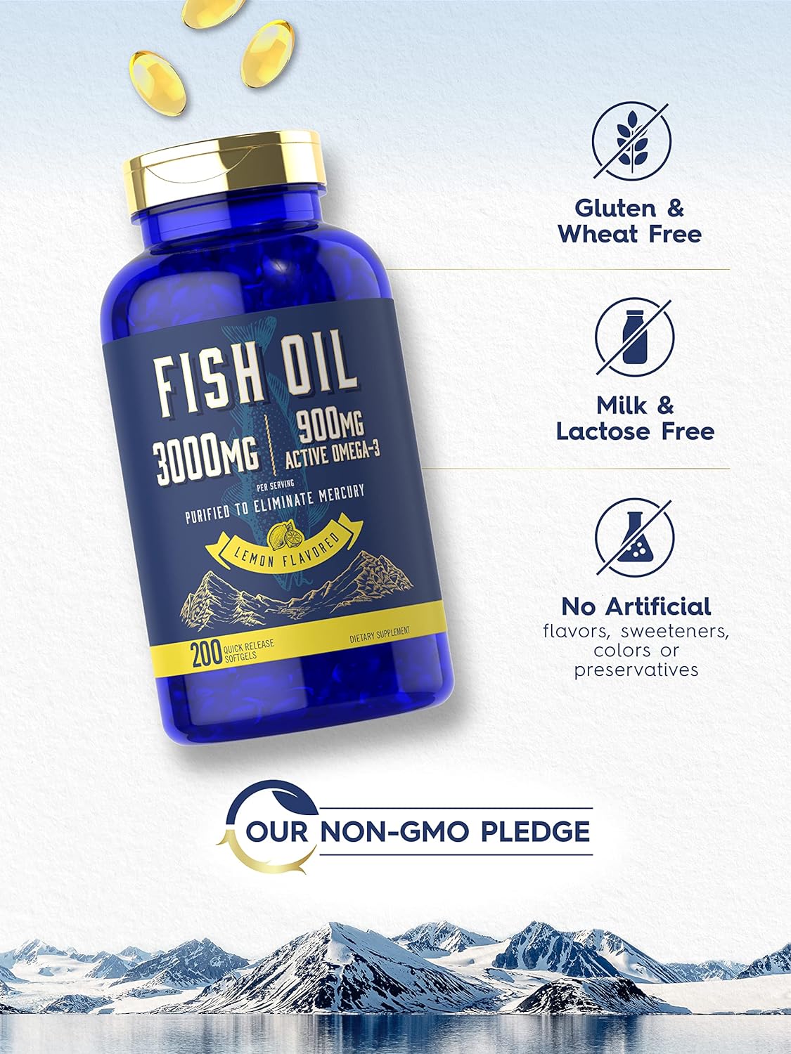 Fish Oil 3000mg | 900mg Omega 3 | 200 Softgels | Lemon Flavor | Non-GM
